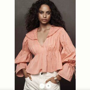 NWT Anthropologie | Bright Coral Pink Collared Babydoll Blouse | Size Small